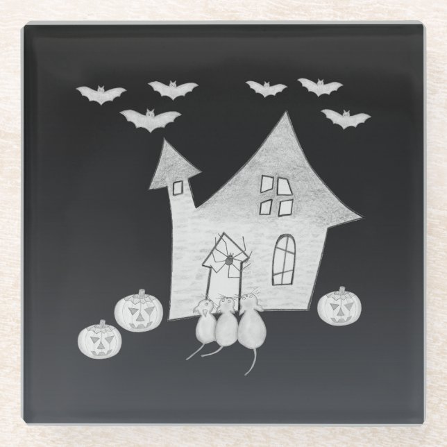 Halloween-Abend mit Spuk Haus, Fledermäusen, Kürbi Glasuntersetzer (Vorderseite)