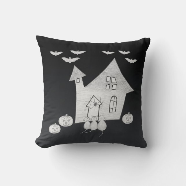 Halloween-Abend mit Spuk Haus, Fledermäusen, Kürbi Kissen (Vorderseite)