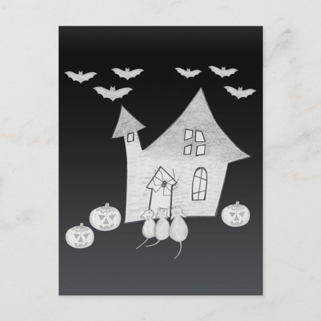 Halloween-Abend mit Spuk Haus, Fledermäusen, Kürbi Postkarte (Vorderseite)