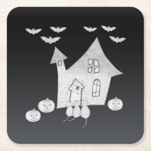 Halloween-Abend mit Spuk Haus, Fledermäusen, Kürbi Rechteckiger Pappuntersetzer
