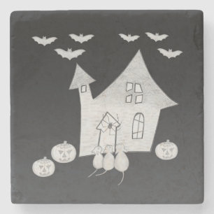 Halloween-Abend mit Spuk Haus, Fledermäusen, Kürbi Steinuntersetzer