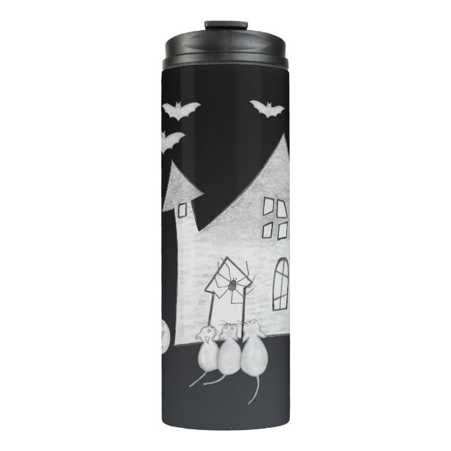 Halloween-Abend mit Spuk Haus, Fledermäusen, Kürbi Thermosbecher (Vorderseite)