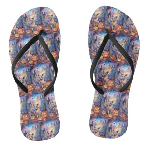 Halloween Abessinerkatze mit Kürbis Beängstigend Flip Flops