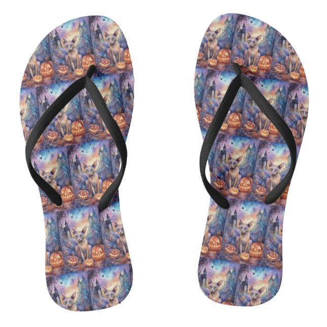 Halloween Abessinerkatze mit Kürbis Beängstigend Flip Flops (Fußbett)