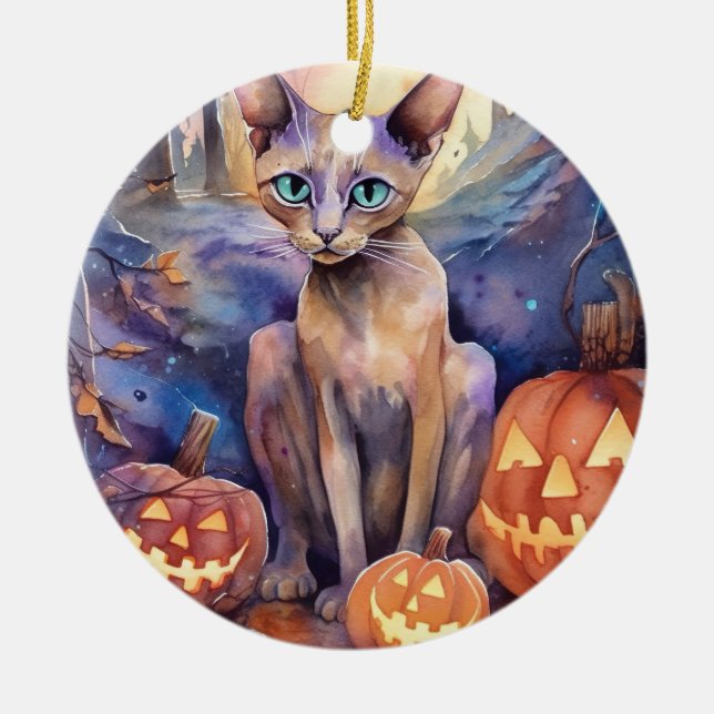 Halloween Abessinerkatze mit Pumpkins Beängstigend Keramik Ornament (Vorne)