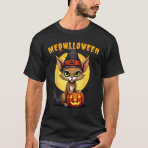 Halloween-Abessinierkatze Hexenhut Kürbis Meowllo T-Shirt