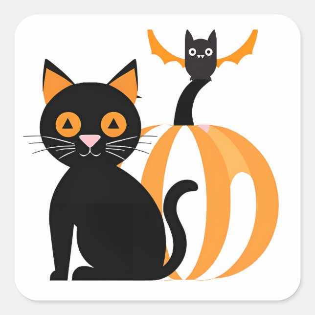 Halloween Adorable Black Cat Pumpkin und Bat Quadratischer Aufkleber (Vorderseite)