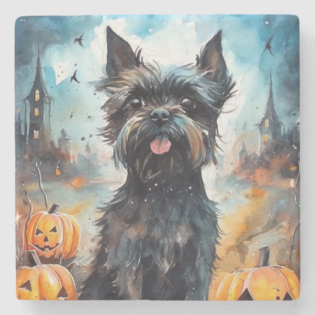 Halloween Affenpinscher mit Pumpkins Beängstigend Steinuntersetzer (Vorderseite)