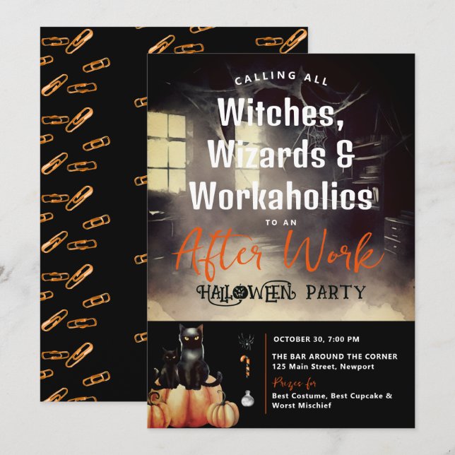 Halloween After-Work-Party Black Cat Pumpkin Black Einladung (Vorne/Hinten)