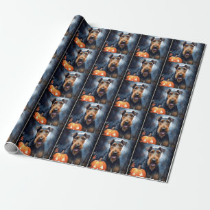 Halloween-Airedale mit Kürbissen Gruselig Geschenkpapier
