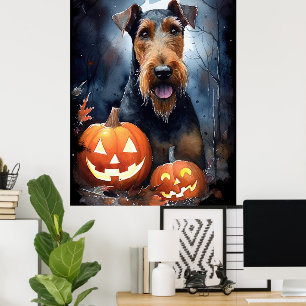 Halloween Airedale mit Pumpkins Beängstigend Poster