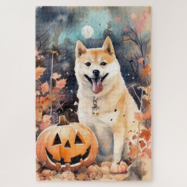 Halloween Akita mit Pumpkins Beängstigend (Vertikal)