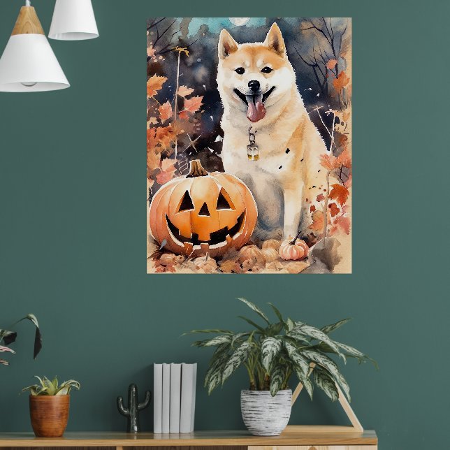 Halloween Akita mit Pumpkins Beängstigend Poster (Wohnzimmer 1)