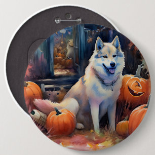 Halloween Alaskan Malamute mit Pumpkins Beängstige Button