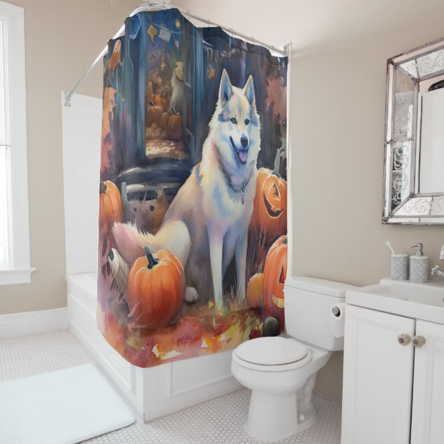 Halloween Alaskan Malamute mit Pumpkins Beängstige Duschvorhang (Beispiel)
