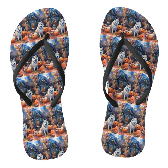 Halloween Alaskan Malamute mit Pumpkins Beängstige Flip Flops (Fußbett)