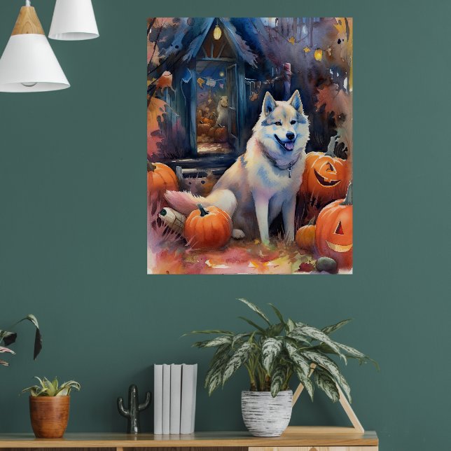 Halloween Alaskan Malamute mit Pumpkins Beängstige Poster (Wohnzimmer 1)