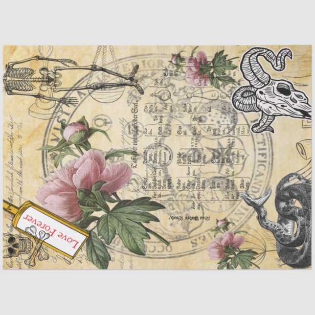 Halloween Alchemy Pink Peony Skeleton Ephemera Seidenpapier (Vorderseite)