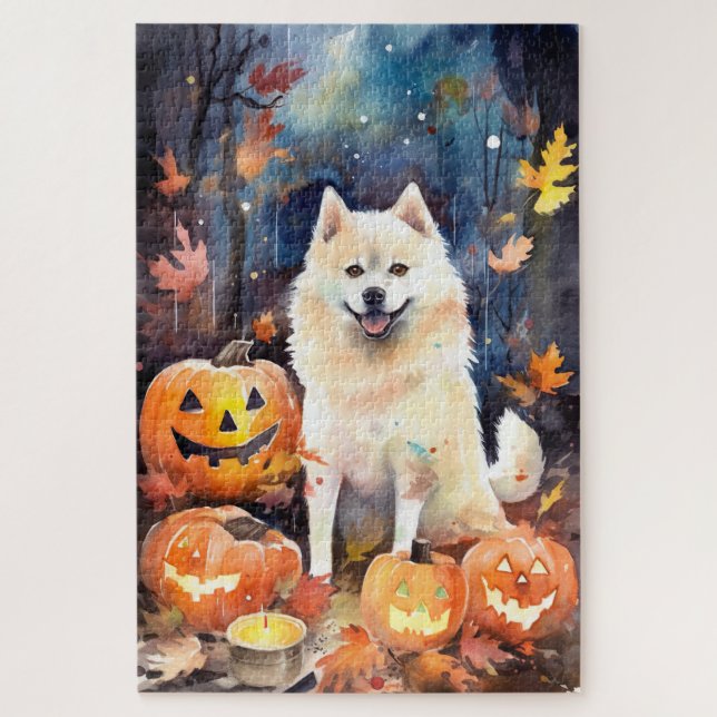 Halloween American Akita mit Pumpkins Beängstigend (Vertikal)