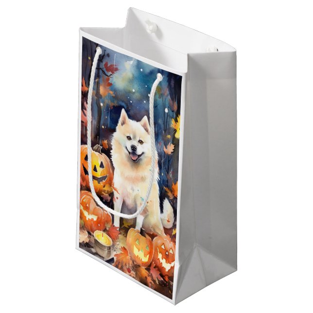Halloween American Akita mit Pumpkins Beängstigend Kleine Geschenktüte (Vorderseite Schrägansicht)