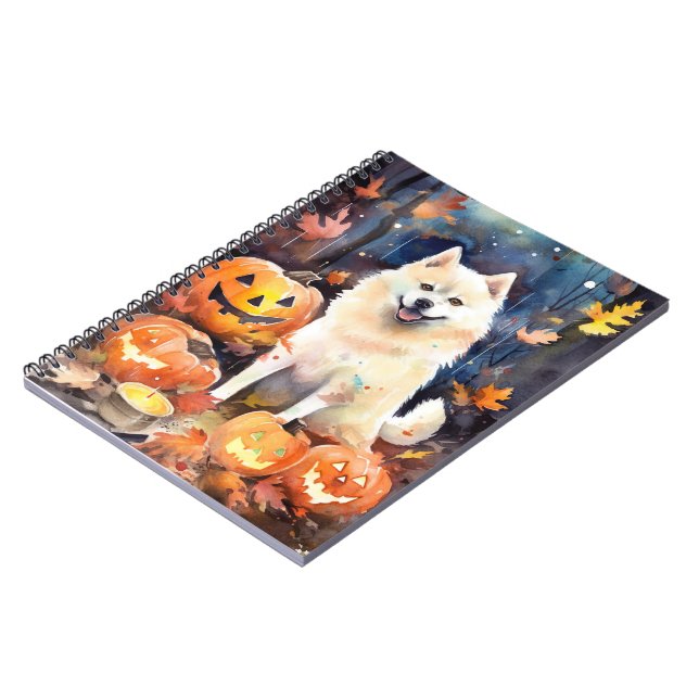 Halloween American Akita mit Pumpkins Beängstigend Notizblock (Linke Seite)