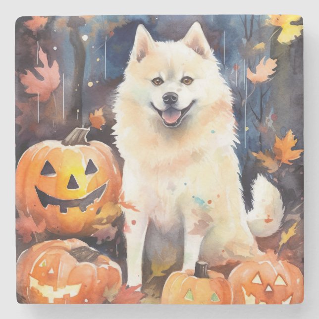 Halloween American Akita mit Pumpkins Beängstigend Steinuntersetzer (Vorderseite)