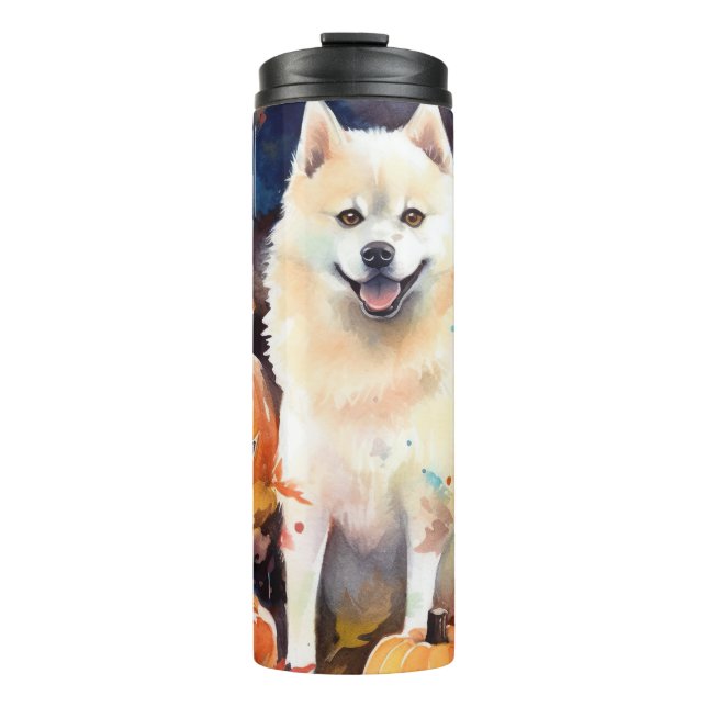 Halloween American Akita mit Pumpkins Beängstigend Thermosbecher (Vorderseite)