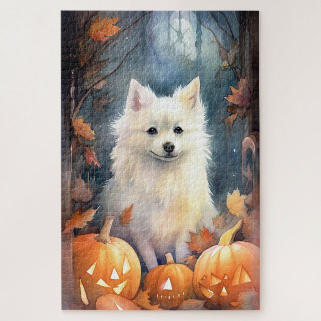 Halloween American Eskimo mit Pumpkins Beängstigen (Vertikal)
