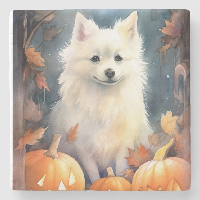 Halloween American Eskimo mit Pumpkins Beängstigen Steinuntersetzer (Vorderseite)