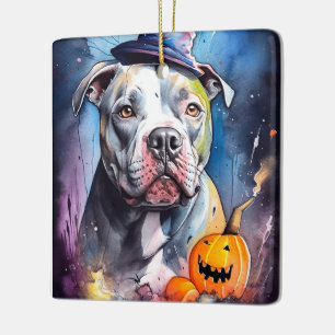 Halloween American Staffordshire mit Kürbissen Keramikornament