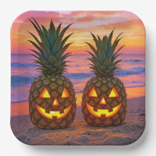 Halloween-Ananas-Kürbislaternen an einem Strand Pappteller