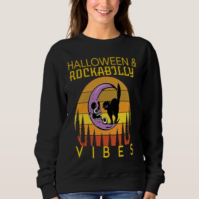 Halloween and Rockabilly Vibes Black Cat and Hallo Sweatshirt (Vorderseite)