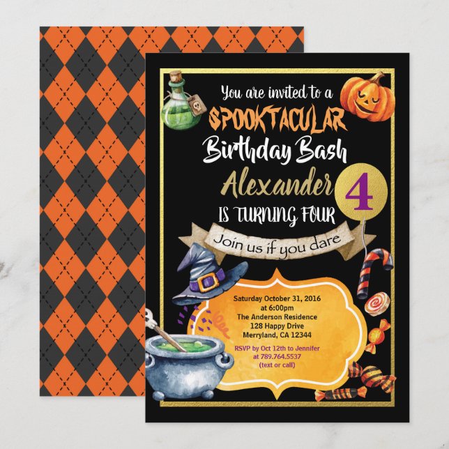 Halloween anniversaire invitation pour enfant (Devant / Derrière)