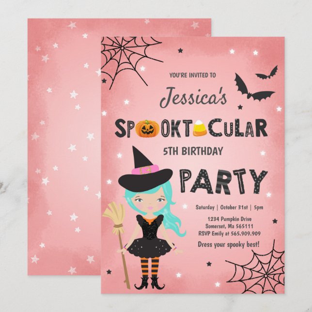 Halloween Anniversaire Invitation sorcière fête d' (Devant / Derrière)
