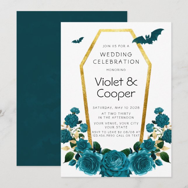Halloween Aquamarin Florals Gold Coffin Blumenzehe Einladung (Vorne/Hinten)