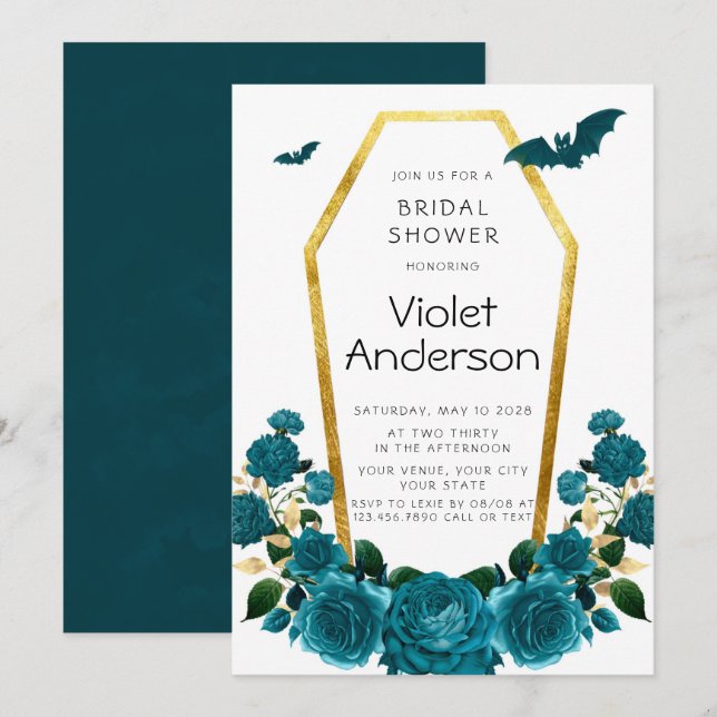Halloween Aquamariner Goldcoffin Florals Brautpart Einladung (Vorne/Hinten)