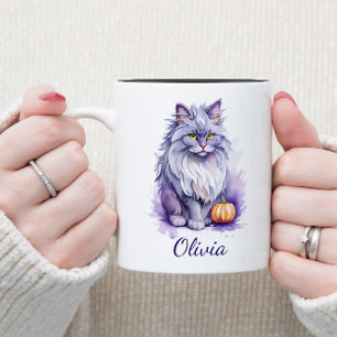 Halloween Aquarellenkatze mit Kürbis Zweifarbige Tasse