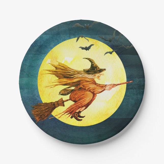 Halloween auf Broomstick Mond Pappteller (Vorderseite)