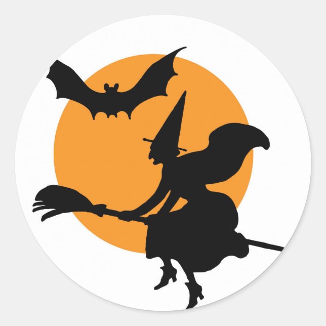 Halloween Aufkleber mit fliegender Hexe. (Vorderseite)