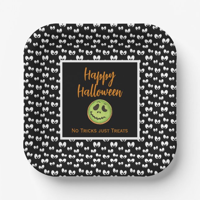 Halloween Augen grün Keks keine Tricks Pappteller (Vorderseite)
