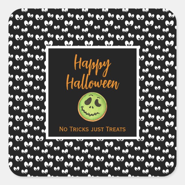 Halloween Augen grün Keks keine Tricks Quadratischer Aufkleber (Vorderseite)
