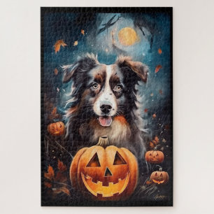 Halloween Australian Shepherd mit Kürbissen Grusel
