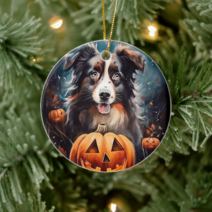 Halloween Australian Shepherd mit Kürbissen Grusel Keramik Ornament