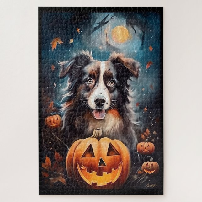 Halloween Australischer Schäferhund mit Pumpkins B (Vertikal)