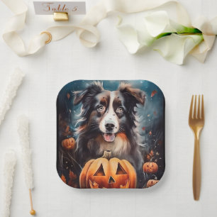 Halloween Australischer Schäferhund mit Pumpkins B Pappteller