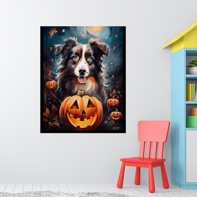 Halloween Australischer Schäferhund mit Pumpkins B Poster (Kinderzimmer 1)
