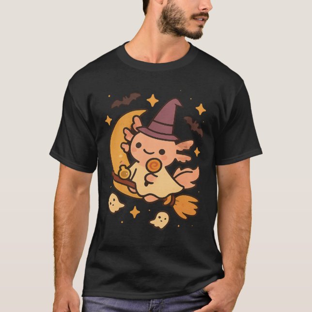 Halloween Axolotl Witch Broom Kawaii Ghost Pumpkin T-Shirt (Vorderseite)