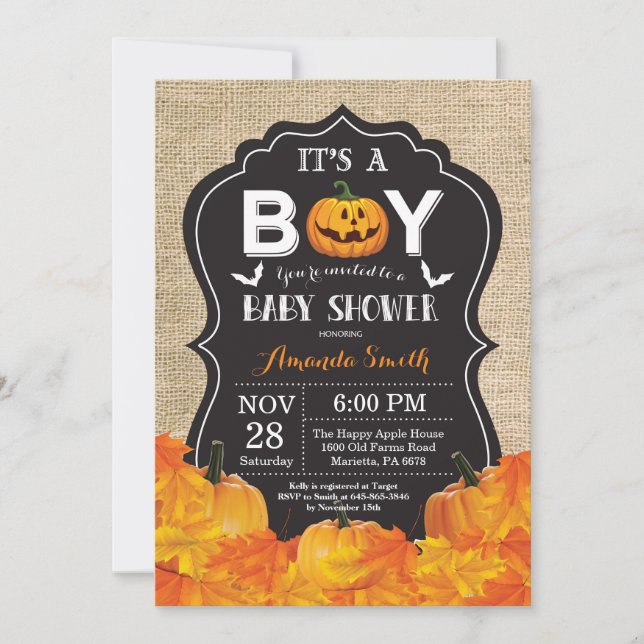 Halloween Baby Boy Shower Einladungskarte Burlap (Vorderseite)