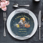 Halloween Baby Braut Pappteller<br><div class="desc">Halloween niedliches Baby Geist Kürbis Brautopf Babydusche Geschirr personalisiert Party Teller. Ein niedlicher Baby Kürbis-Geist mit Katzenkuscheln, Pilzen und einer großen Topf mit Süßkerzen in Aquarellkerzen auf dunkelsternigem Hintergrund für Halloween-Babydusche.</div>