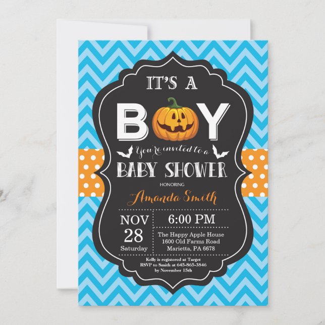 Halloween Baby Dusche Einladung Blau Zickzack (Vorderseite)